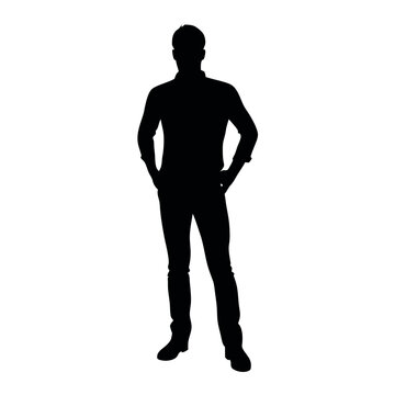 recommend clip art: vector silhouette of a man dressed in a shirt and jeans standing with hands on hips, side view