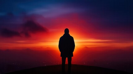 Obraz premium A lone figure stands against a vibrant sunset, evoking feelings of solitude and reflection in nature's beauty.