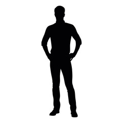 vector silhouette of a man dressed in a shirt and jeans standing with hands on hips, side view