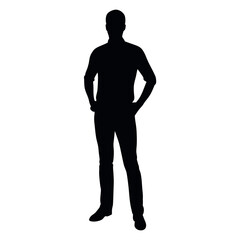 vector silhouette of a man dressed in a shirt and jeans standing with hands on hips, side view