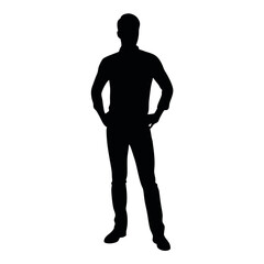 vector silhouette of a man dressed in a shirt and jeans standing with hands on hips, side view
