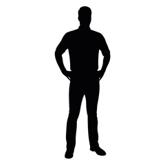 Fototapeta premium vector silhouette of a man dressed in a shirt and jeans standing with hands on hips, side view