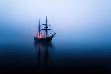 Obraz premium A serene ship floats in thick fog, creating a mystical atmosphere on calm waters during twilight.