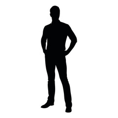 vector silhouette of a man dressed in a shirt and jeans standing with hands on hips, side view