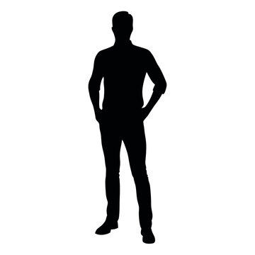 recommend clip art: vector silhouette of a man dressed in a shirt and jeans standing with hands on hips, side view
