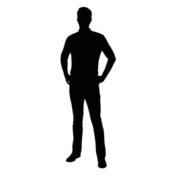 recommend clip art: vector silhouette of a man dressed in a shirt and jeans standing with hands on hips, side view