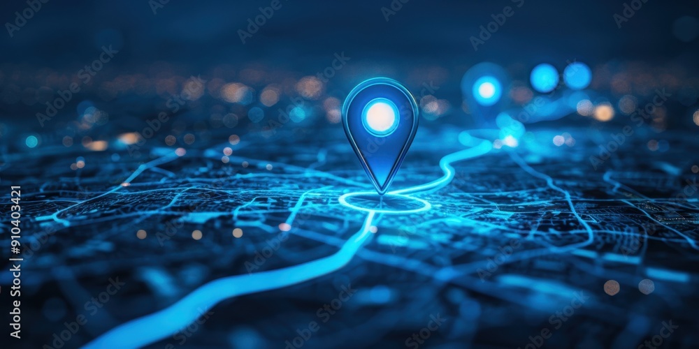 Poster glowing location pins on map with blue light path line from one pin to another, simple dark backgrou