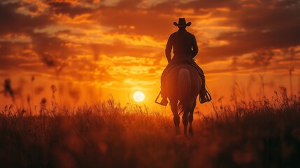 A silhouette of a man riding a horse through a golden-lit field during sunset, with dust particles illuminated around them creating an ethereal atmosphere.