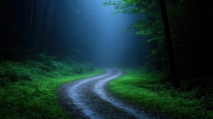 Fototapeta premium A winding path through a misty forest, surrounded by lush greenery and serene tranquility, inviting exploration and reflection.