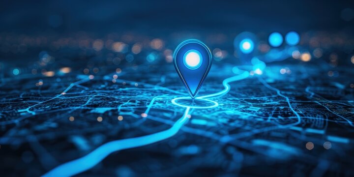 glowing location pins on map with blue light path line from one pin to another, simple dark background Generative AI