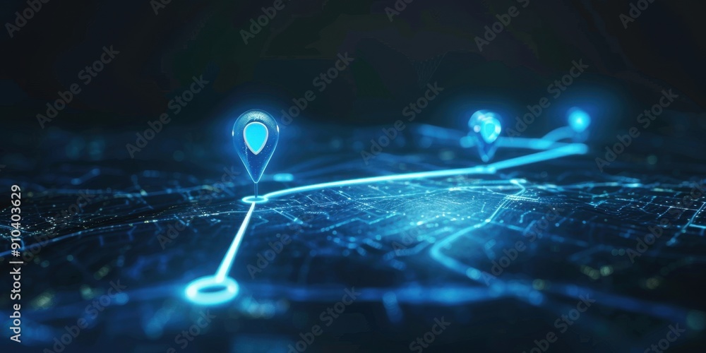 Poster blue glowing location pins on a dark background with copy space, a digital map route line path, in t
