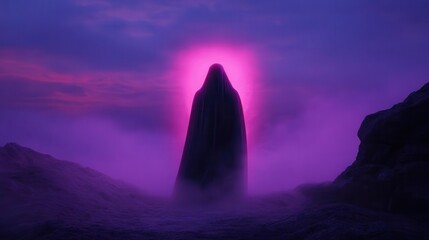 Mysterious silhouette shrouded in fog, illuminated by a vibrant purple glow against a twilight sky.