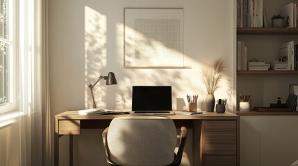 A small home office nook with a desk, chair, and laptop.