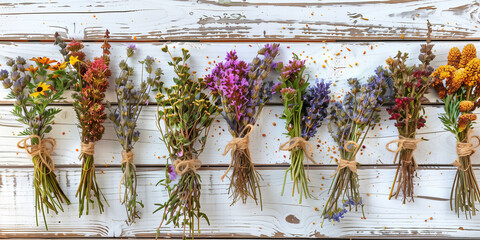 Hanging bunches of medicinal herbs and flowers on a white wooden background. Herbal medicine.