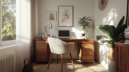 A small home office nook with a desk, chair, and laptop.