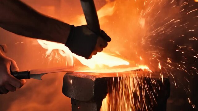 A skilled blacksmith hammers metal on an anvil, creating sparks while shaping a knife in a warm workshop atmosphere