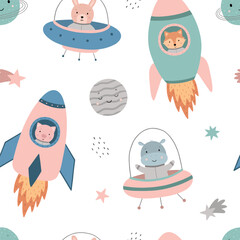 Seamless pattern with cute animals in spacesuits. Vector illustration