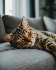 Naklejka premium Our feline friend fell asleep on the bed