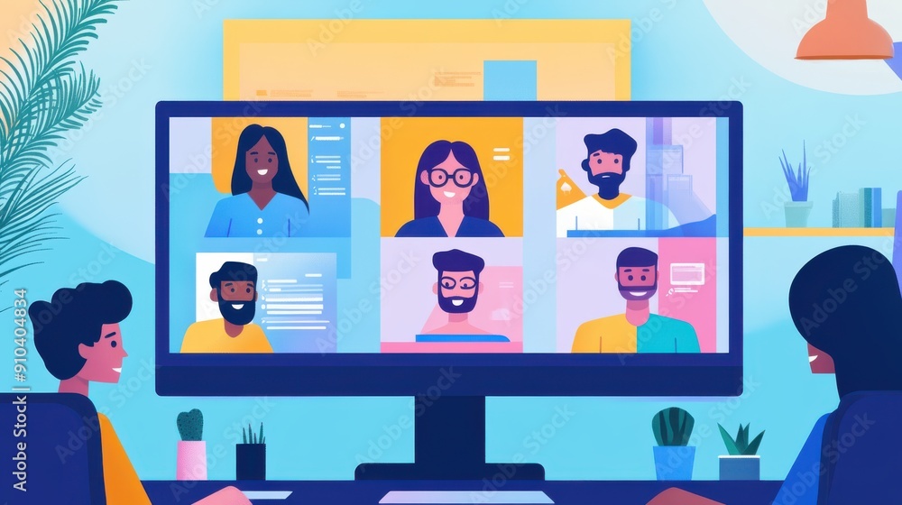 Poster a virtual team meeting with multiple participants on a screen.