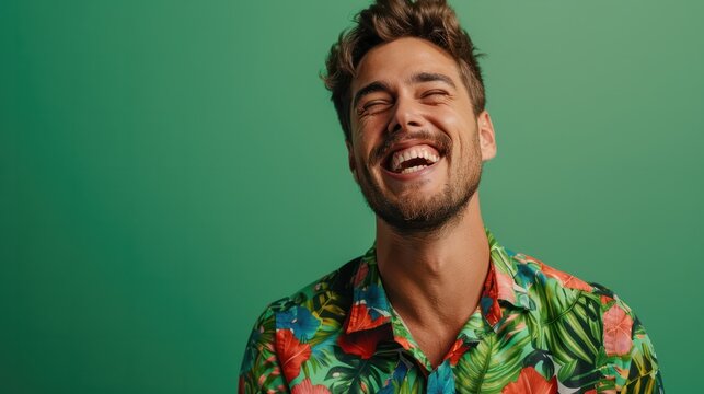 Ultra handsome man, smiling and laughing, wearing bright clothes. Bright solid green background. created by generative AI technology.
