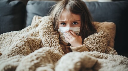 A child resting on a sofa and warmly wrapped in a soft blanket, which hints at his indisposition. The cozy home environment emphasizes the worldwide need for rest during illness.