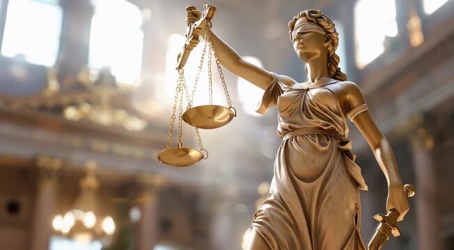 Marble Statue of Lady Justice Holding Scales in a Grand Courthouse Setting