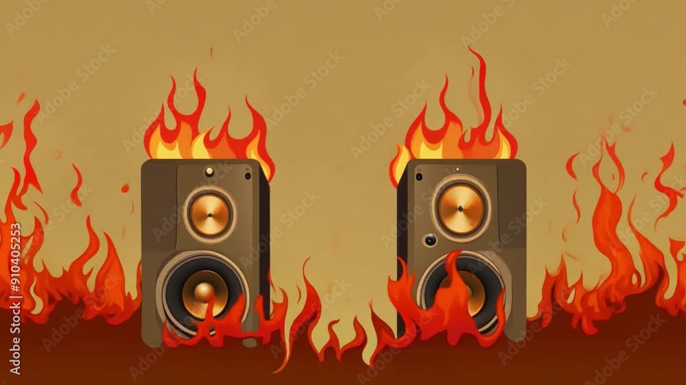 Poster two speakers emit sound while engulfed in vibrant flames, creating a striking contrast against a war