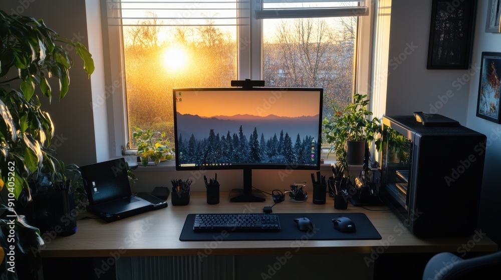 Poster a workspace setup for both in-office and remote work.