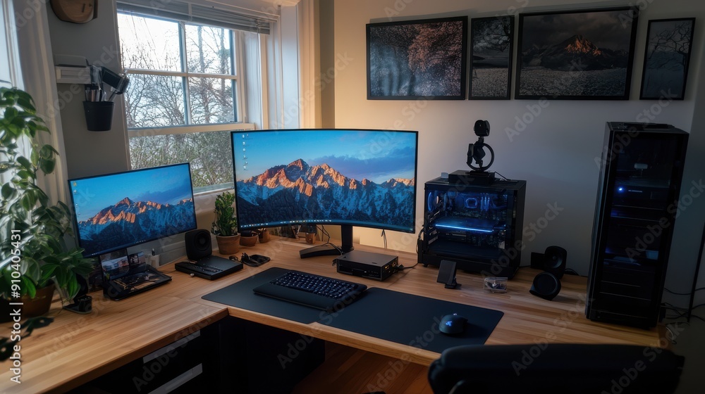Poster a workspace setup for both in-office and remote work.