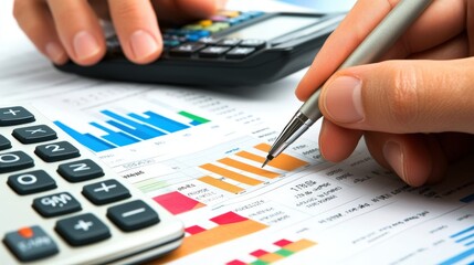 An accountant reviewing financial statements at a desk, calculator and pen in hand, focusing on numbers and data analysis