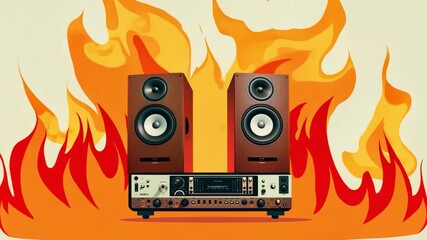 A classic audio system with wooden speakers and a central amplifier is depicted amidst vibrant, stylized flames in a striking graphic composition.