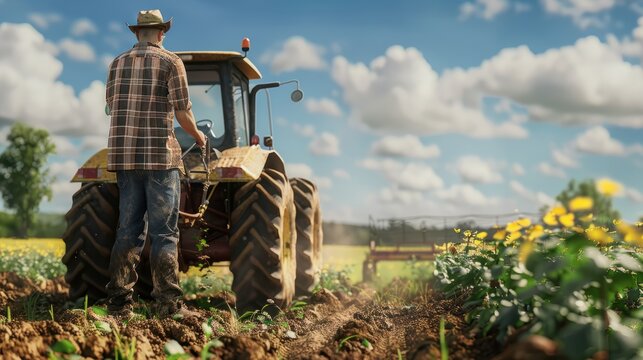Young Caucasian farmer Use a tractor to work in the garden.