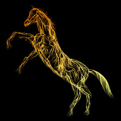 Composition of a horse standing in profile with wavy lines along the contour of neon color on a black background. Vector illustration.