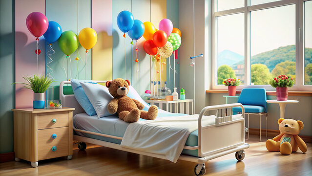 Empty hospital room with cute stuffed toys and colorful balloons on bed, IV pole and medical equipment in background, conveying a child's hospital stay. - Powered by Adobe
