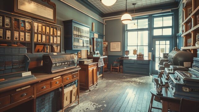 A vintage post office with old-fashioned mailboxes and equipment, showcasing the history of the postal service