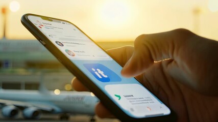 A hand holds a smartphone displaying a travel app against the backdrop of a beautiful sunrise at the airport with planes ready for departure.