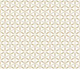 Simple vector gold and white seamless pattern. Abstract floral geometric ornament. Golden background with flower silhouettes, leaves, lines, hexagonal grid, lattice. Luxury repeated geo design