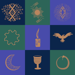 Set of magic symbols, celestial seamless pattern. Astrological, magical and esoteric symbols.