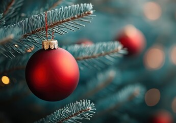Obraz premium Christmas tree decoration with red ball hanging on blue spruce pine, blurred background