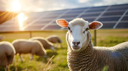 Obraz premium sheep in front, solar panel in background, Animal meets technologie, renewable power source, green energy from sun 