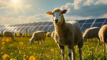 sheep in front, solar panel in background, Animal meets technologie, renewable power source, green energy from sun	