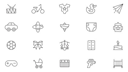 Toys line icon set. Containing Toys, Pacifier Gun, human, Spinning Tops, Game Controller, Bell, Puzzle, Rattle,Toy car, Baloon, cake Outline icon collection. UI thin line icon pack.