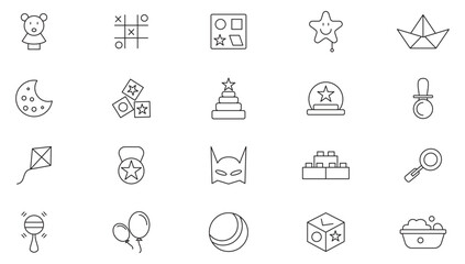 Toys line icon set. Containing Toys, Pacifier Gun, human, Spinning Tops, Game Controller, Bell, Puzzle, Rattle,Toy car, Baloon, cake Outline icon collection. UI thin line icon pack.
