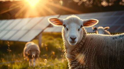 sheep in front, solar panel in background, Animal meets technologie, renewable power source, green energy from sun	