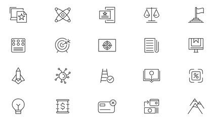 Mission, vision, and values line icon set. Power, Quality, Reliability, Respect, Responsibility, Safety, Simplicity, Stability, Success, Teamwork outline icon collection. UI thin line icon pack.