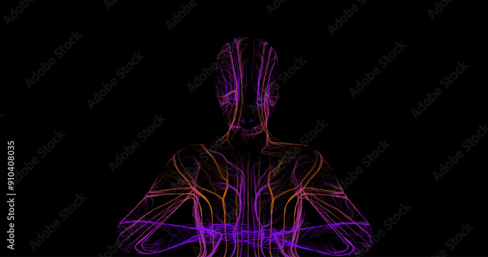 Poster composition of a person image standing frontally with wavy lines along the contour of neon color on 
