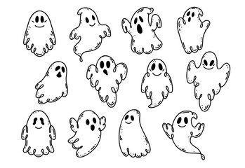 Set of cute ghosts in doodle style.
