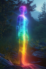 A human silhouette is enveloped in a radiant aura, with vibrant chakras illuminating the energy centers. A powerful representation of spiritual awakening and inner balance. generative AI