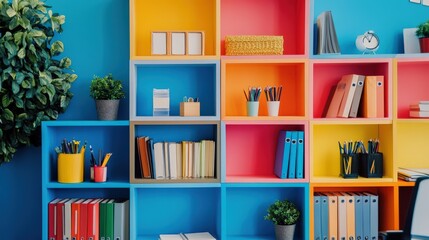 Creative office space with colorful shelves holding various office supplies and books