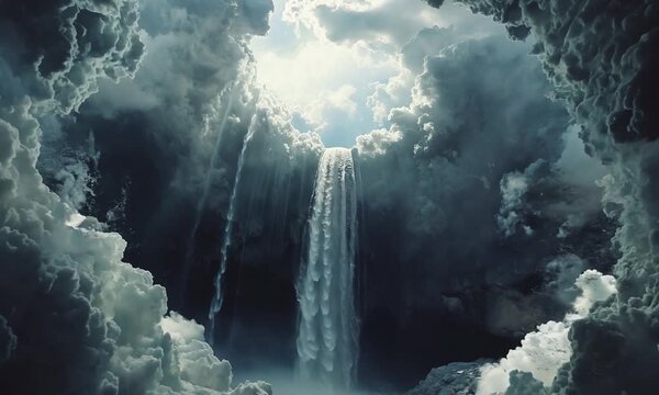 Waterfall Cascading from Sky Amidst Dramatic Clouds, Wide Shot
